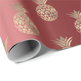 Papel De Presente Abacaxi Fruta Faux Dourado Tropical Summer Burgund