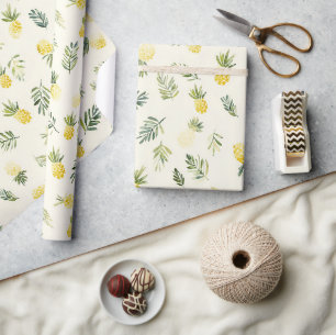 Papel De Presente Abacaxis Tropicais Folhas Verdes Aniversário