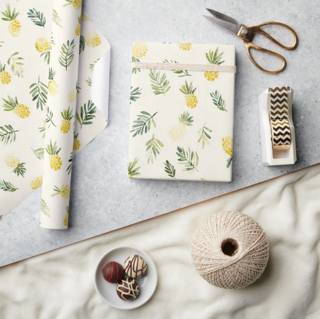 Papel De Presente Abacaxis Tropicais Folhas Verdes Aniversário (Artesanato)