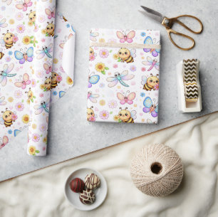 Papel De Presente Abehas, Libélulas e Borboletas Arte Kawaii