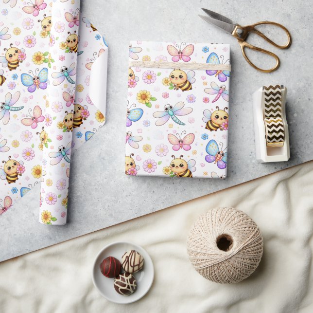 Papel De Presente Abehas, Libélulas e Borboletas Arte Kawaii (Artesanato)