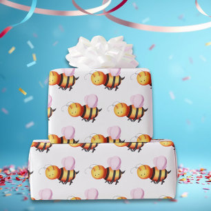 Papel De Presente Abeja Bumble Bee Fofa com Asas Rosa Embrulho Padro