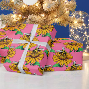 Papel De Presente Abeja en diseño de patrón de flor de girasol rosa
