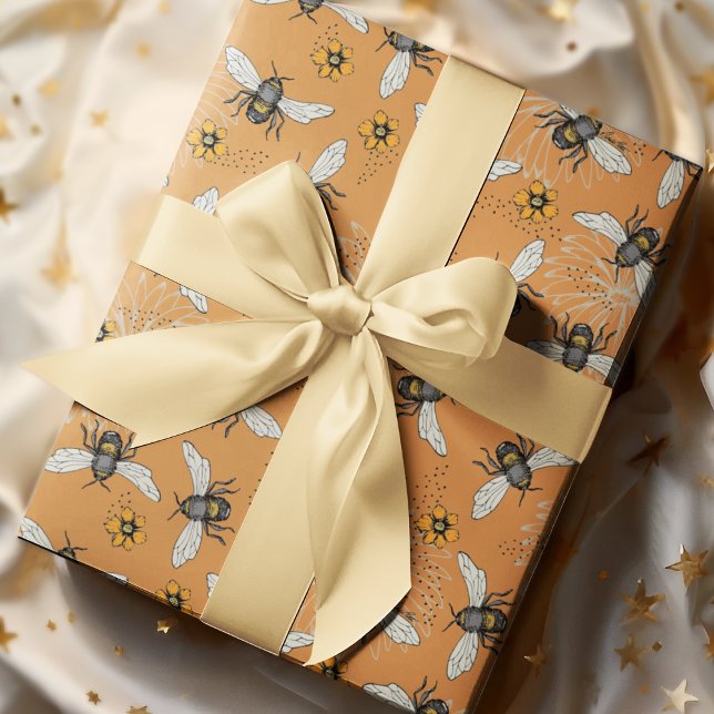 Papel De Presente Abeja Melífera Vibrante Laranja na Moda para Prima (Hand-drawn happy buzzing bees with Spring-time Cosmos and Daisy flowers)