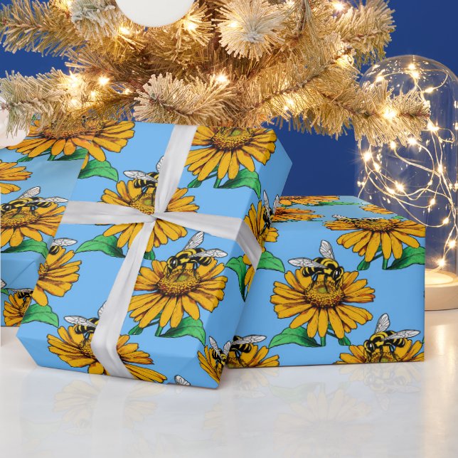 Papel De Presente Abeja no Design de Padrão de Flor de Girassol Azul (Feriados)