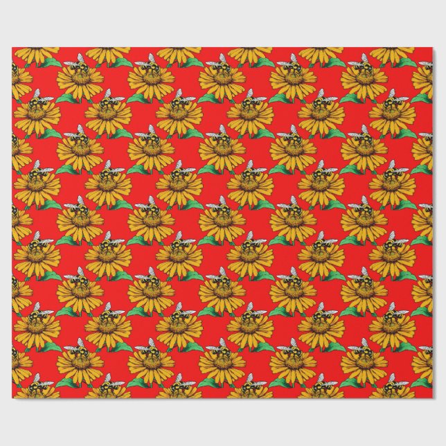 Papel De Presente Abeja no Design de Padrão de Flor de Girassol Verm (Aberto)