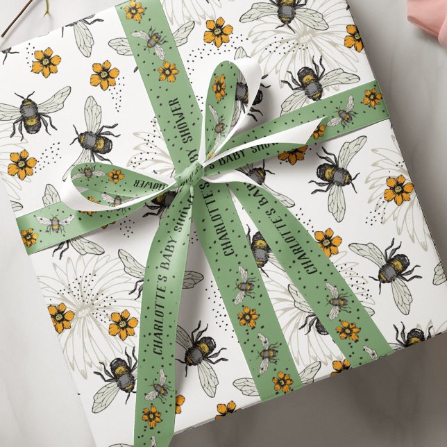 Papel De Presente Abeja Preta da Moda para Primavera e Verão (Trendy Buzzing Bees and flowers pattern. Look for matching ribbon that comes in 1.5" or 3" width :)))