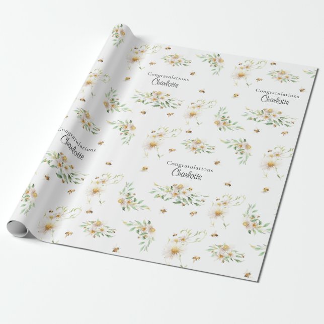 Papel De Presente Abelha Floral Personalizada de Aquarela (Desenrolado)