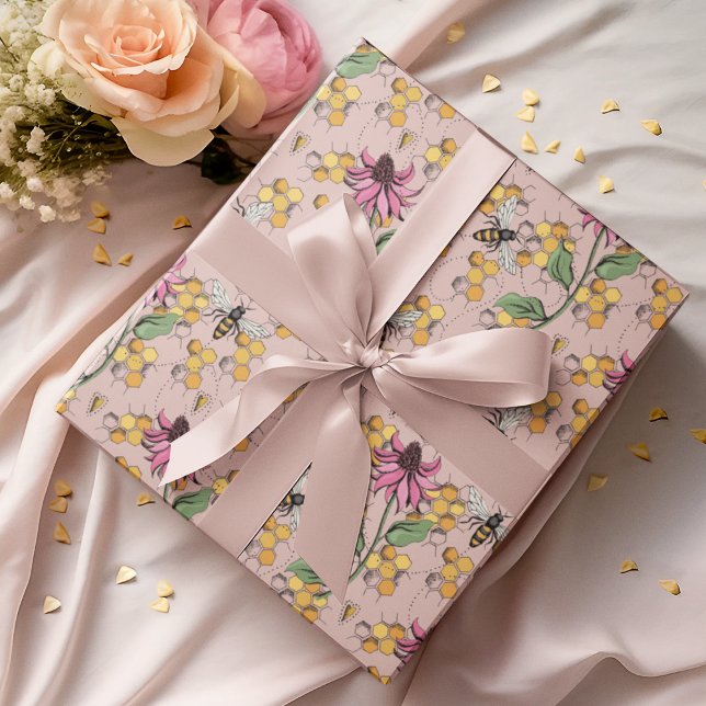 Papel De Presente Abelha Rainha Dourada Romântica, Bicho de Honeycom (Elegant Hand-Drawn Buzzing Queen Bee, Honeycomb & Pink Exotic Flower Gift Wrap for Nature Lovers.)