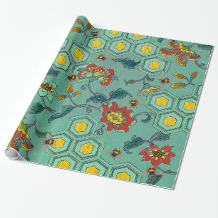 PAPEL DE PRESENTE ABELHAS DE MEL, CERVEJAS, FLORES DE PRIMAVERA DE C