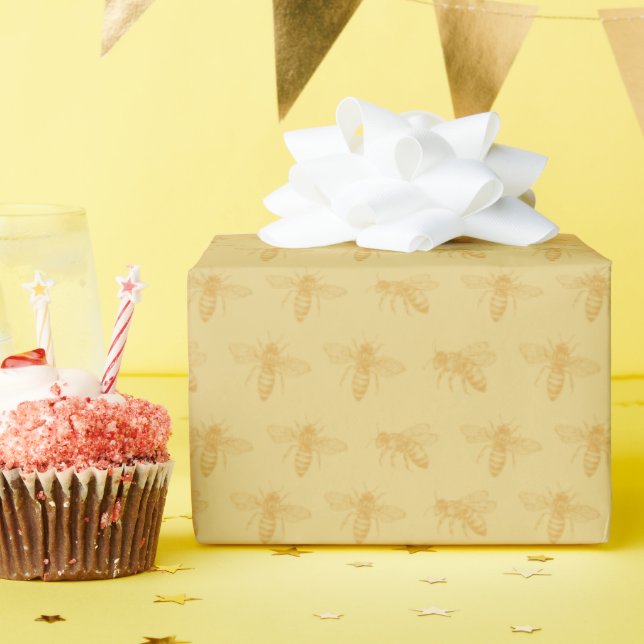 Papel De Presente Abelhas de Mel Selvagem Ilustradas Satin Dourado (Festa de aniversário)