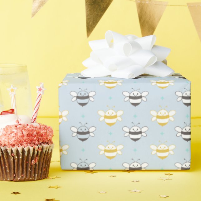 Papel De Presente Abelhas de Mel Sorridentes Azul (Festa de aniversário)