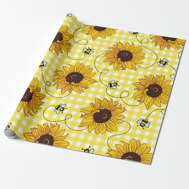Papel De Presente Abelhas e girassóis em fundo controlado (Desenrolado)