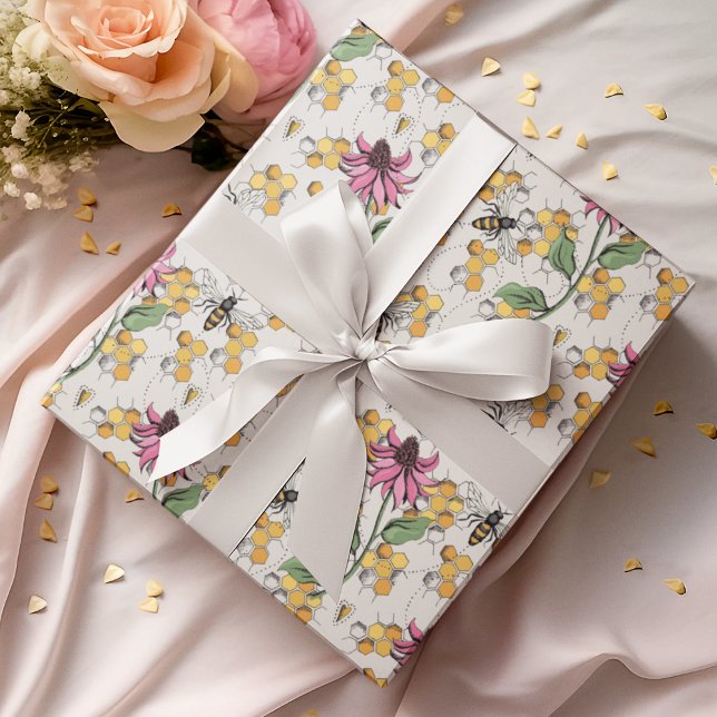 Papel De Presente Abelhas Românticas da Rainha do Marfim, Honeycomb  (Elegant Hand-Drawn Buzzing Queen Bee, Honeycomb & Pink Exotic Flower Gift Wrap for Nature Lovers.)