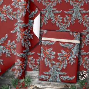 Papel De Presente Abeto Azul Frutas Vermelhas Treliça Vermelho Escur
