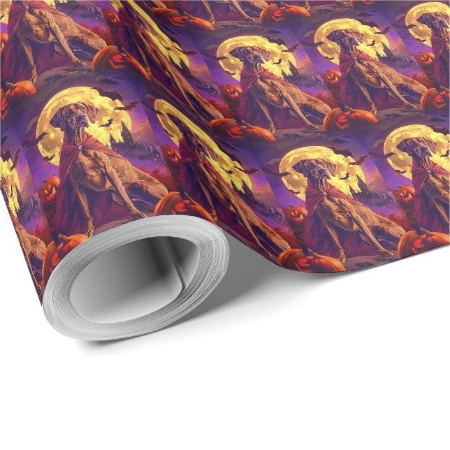 Papel De Presente Abóbora Assustadora de Halloween Vizsla Vampiro (Ponta do rolo)