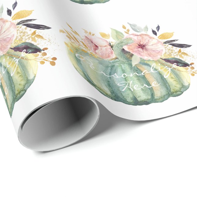 Papel De Presente Abóbora azul queda floral aquarela outono elegante (Ponta do rolo)