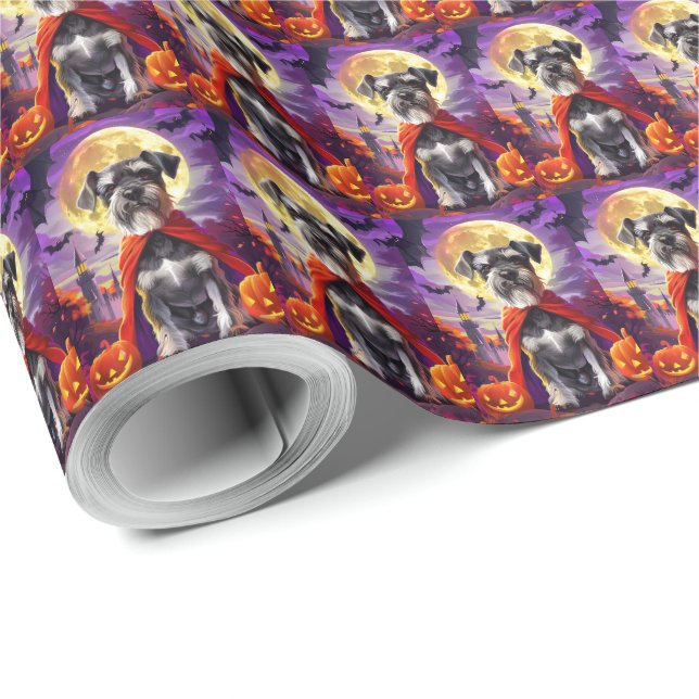 Papel De Presente Abóbora de Vampiro Schnauzer no Halloween Assustad (Ponta do rolo)