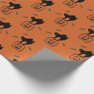 Papel De Presente Abóbora e Gato Preto Halloween