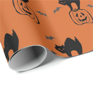 Papel De Presente Abóbora e Gato Preto Halloween
