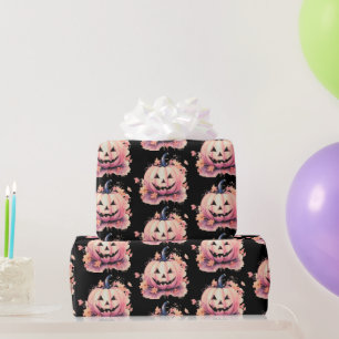 Papel De Presente Abóbora Laranja Folhas Pretas Halloween