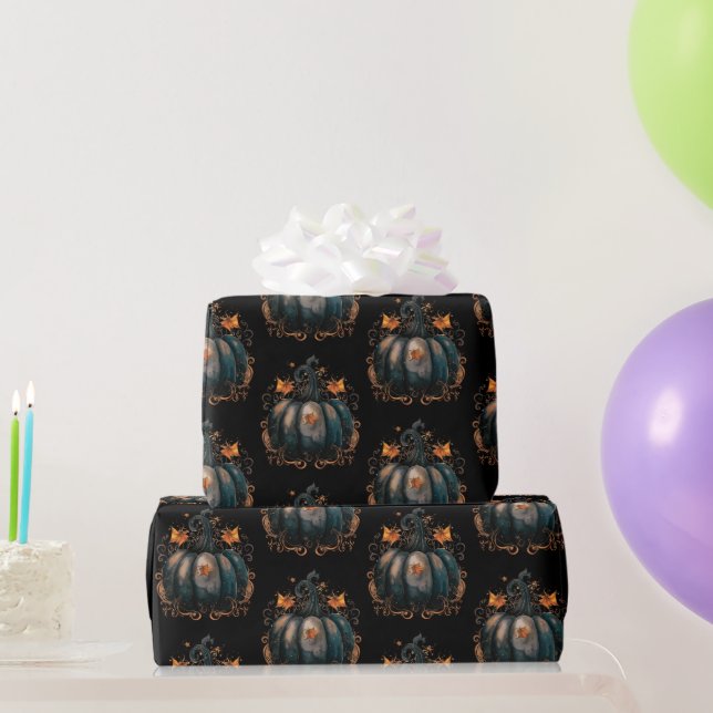 Papel De Presente Abóbora Preta e Dourada Folhas Padrão Halloween (Presentes para festas)