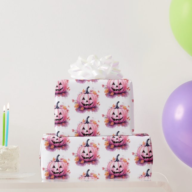 Papel De Presente Abóbora Rosa Folhas Laranjas Brancas Halloween (Presentes para festas)