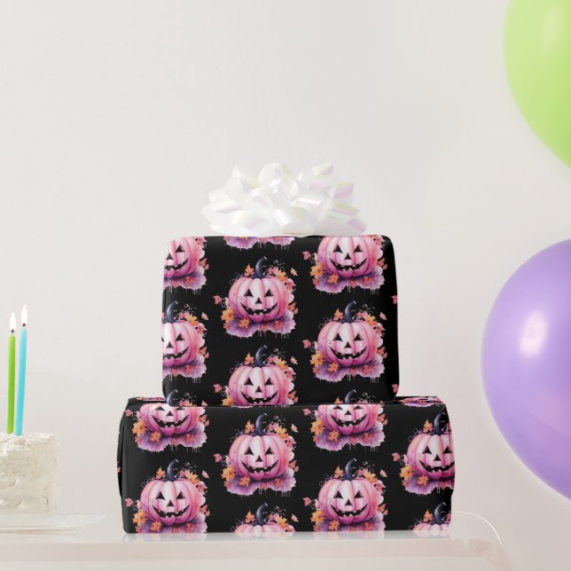 Papel De Presente Abóbora Rosa Folhas Laranjas Halloween Preto (Presentes para festas)