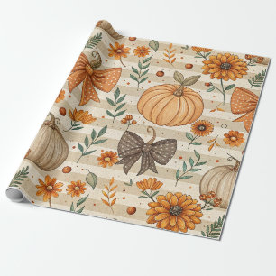 Papel De Presente Abóboras de Fazenda Neutras e Laços Laranja