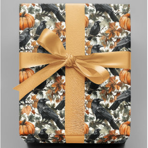 Papel De Presente Abóboras de Halloween do Corvo Aquarela Outono