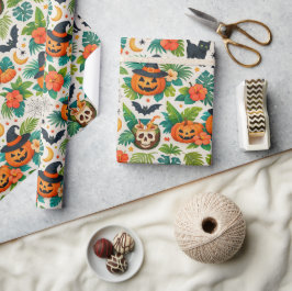 Papel De Presente Abóboras de Halloween Tropicais