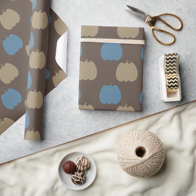 Papel De Presente Abóboras de Outono Azul Bege Boho (Artesanato)