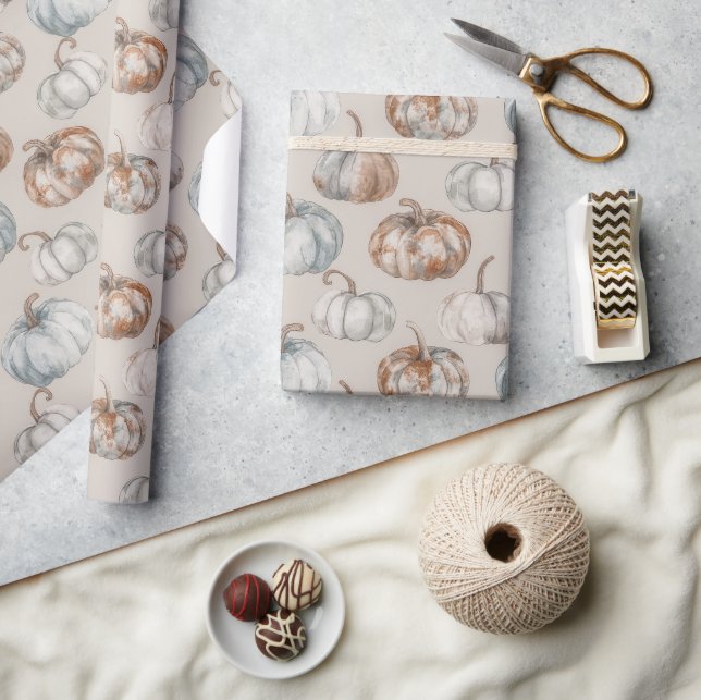 Papel De Presente Abóboras de Outono Creme Laranja Azul (Artesanato)