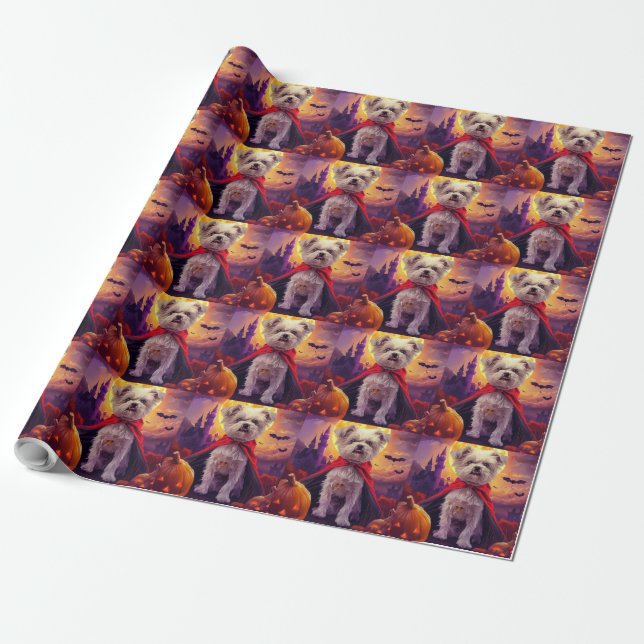 Papel De Presente Abóboras de Vampiro Maltês de Halloween Assustador (Desenrolado)