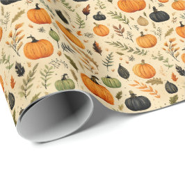 Papel De Presente Abóboras e Folhas Rústicas de Outono em Tons de Co