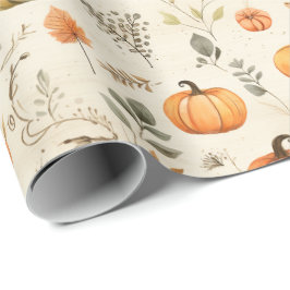 Papel De Presente Abóboras em Aquarela Neutra e Raminhos de Folhas d