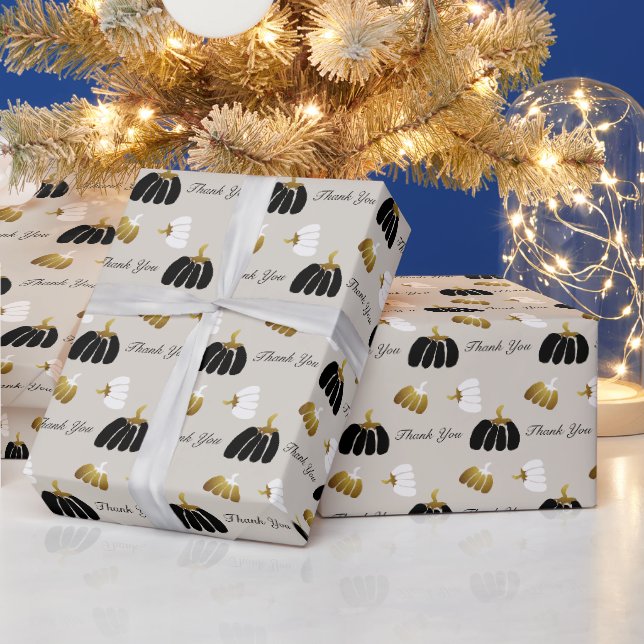 Papel De Presente Abóboras Estilizadas em Preto Branco e Dourado (Feriados)