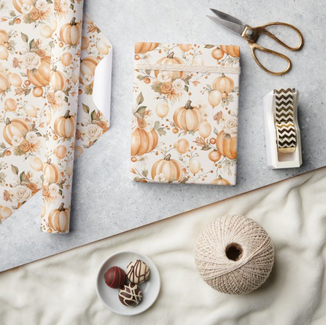 Papel De Presente Abóboras Flores Creme de Laranja (Artesanato)