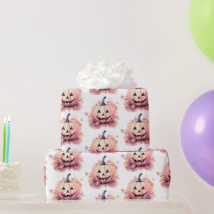 Papel De Presente Abóboras Laranja Folhas Brancas Halloween