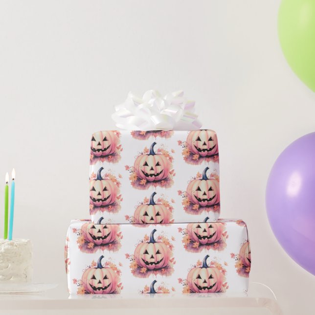 Papel De Presente Abóboras Laranja Folhas Brancas Halloween (Presentes para festas)