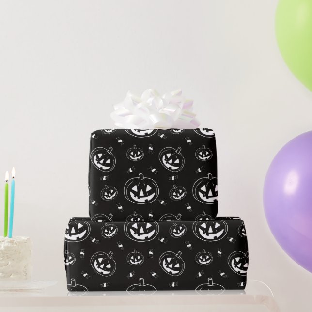 Papel De Presente Abóboras pretas e brancas de Halloween Preto (Presentes para festas)