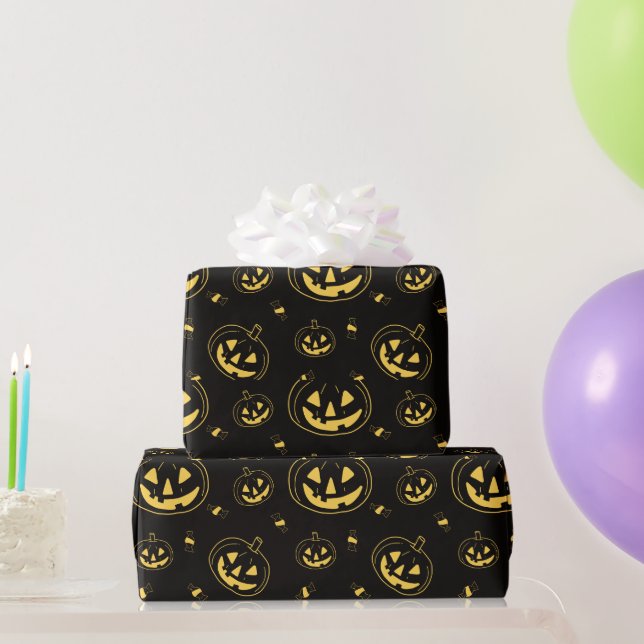 Papel De Presente Abóboras pretas e douradas de Halloween pretas (Presentes para festas)