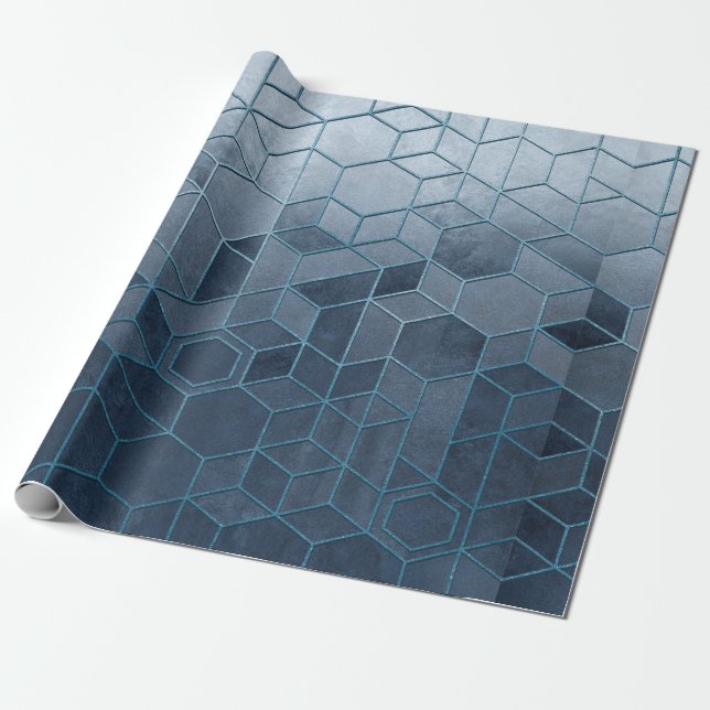 Papel De Presente Abstração geométrica de hexágonos num alivio azul (Desenrolado)