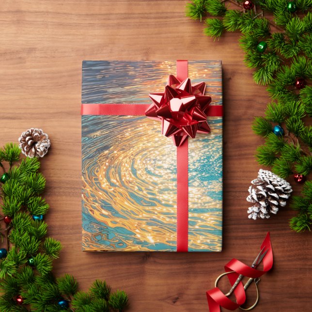 Papel De Presente Abstract Aqua Waves with Golden Sunlight (Presente de Natal)