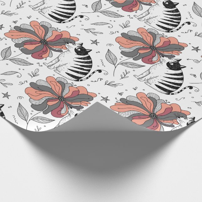 Papel De Presente Abstract Doodle Art Style Cat Smelling Flower (Ponta)