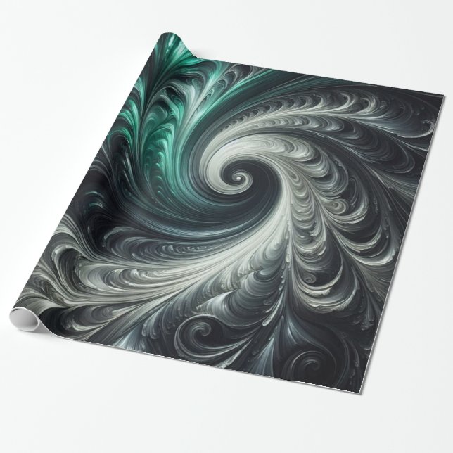 Papel De Presente Abstract Modern Swirling Green, Silver and Black (Desenrolado)