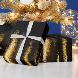 Papel De Presente Abstrato à noite luzes do mar brilhantes douradas