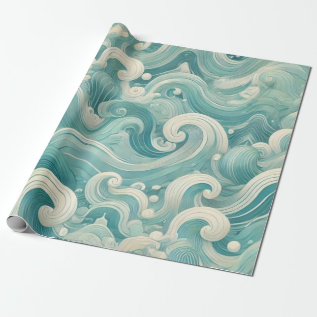 Papel De Presente Abstrato Aqua Blue & White Wave - Arte Fluida Mode (Desenrolado)