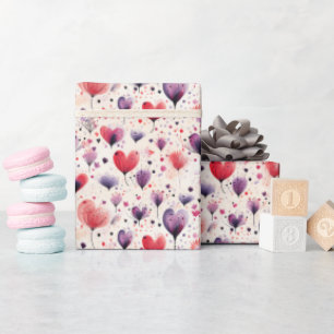 Papel De Presente Abstrato Coração Flores Roxo e Cor de Água Rosa