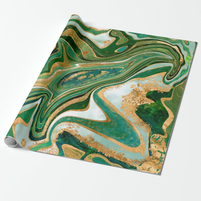 Papel De Presente Abstrato de mármore líquido verde e dourado (Desenrolado)